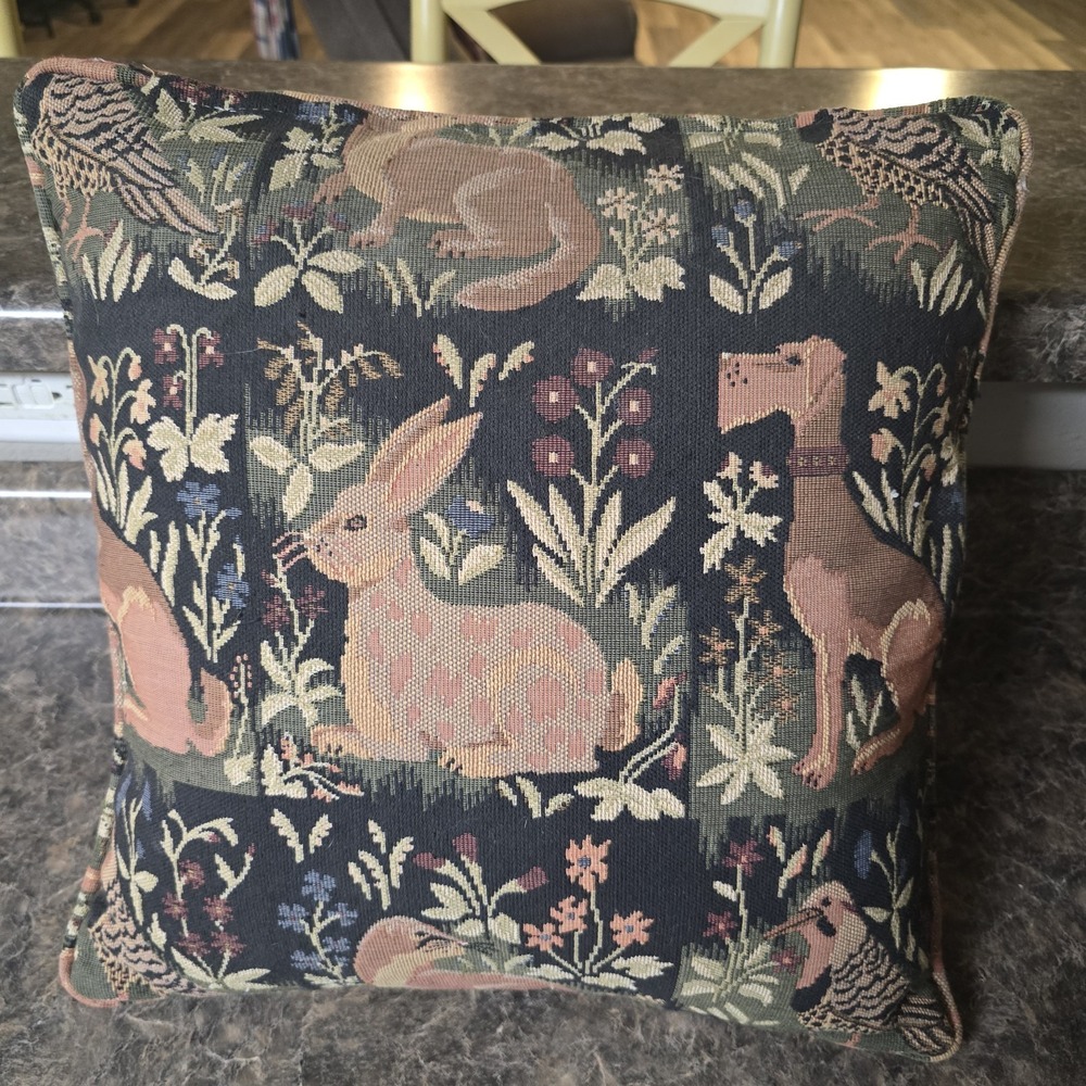 VTG Tapestry Throw Pillow Forest Animals Dog Rabbit Bird Otter 16x16 Cottagecore